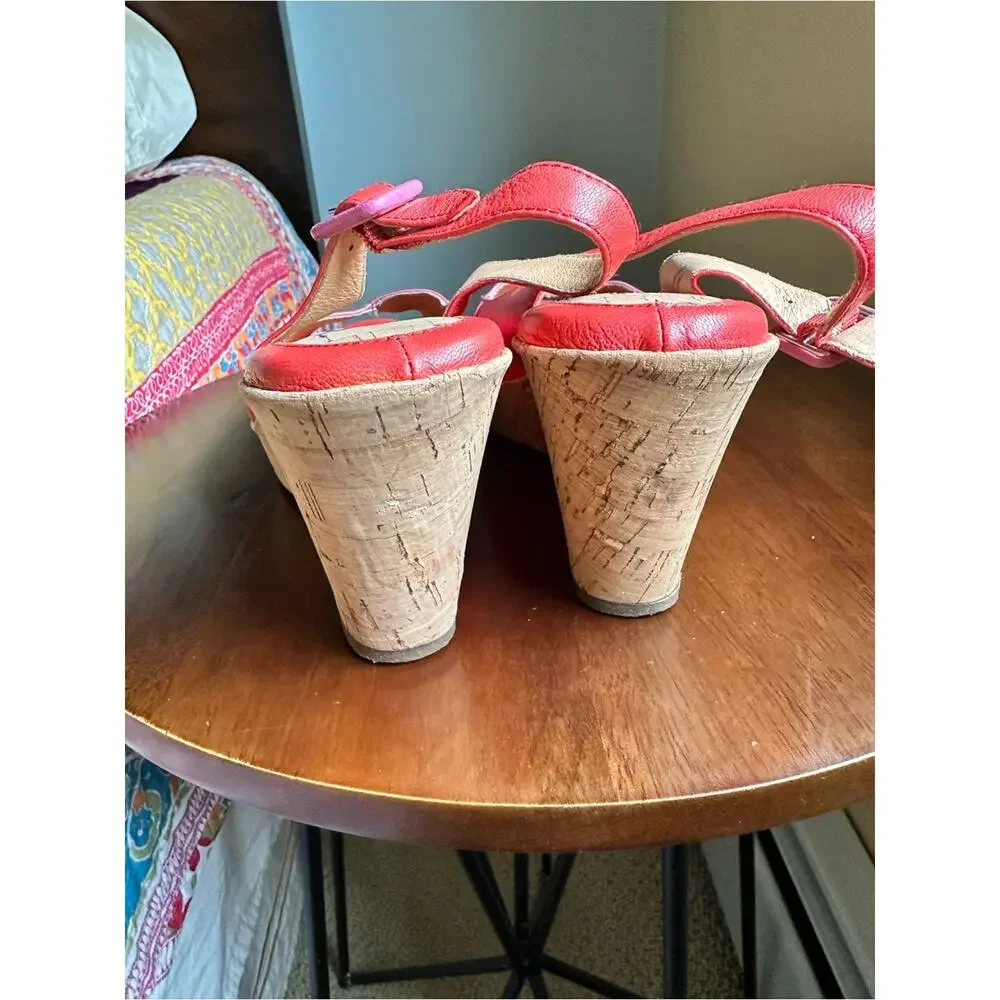 Sofft Ordelia Leather Cork Wedge Sandals Peep Toe Pink Orange Size 8M